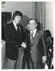 ["Black and white photograph print of Carl Albert with Skip Stephens."]