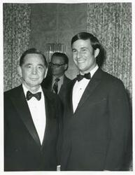 ["Black and white photograph print of Carl Albert with unidentified men."]