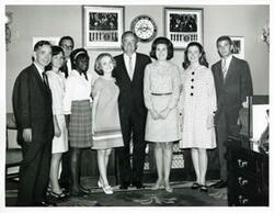 ["Black and white photograph print of Hubert H. Humphrey, Carl Albert and others."]