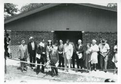["Black and white photograph print of Carl Albert at the dedication of the housing projects at Tishomingo. June 1971"]
