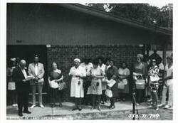 ["Black and white photograph print of Carl Albert at the dedication of the housing projects at Tishomingo. June 1971"]