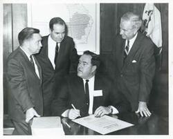 ["Black and white photograph print of Carl Albert and Secretary of Commerce John T. Conner. March 5, 1966"]