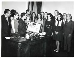 ["Black and white photograph of Apollo 15 plaque presentation. July 26, 1971.  Carl Albert center left, in Speaker's Office."]