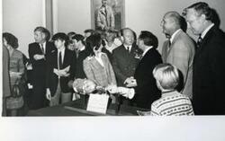 ["Black and white photograph of Apollo-Soyuz mission. Carl Albert at Soviet cosmonauts reception. October 22, 1975 Pictured are Tom Stafford, Alexei Leonov, and Valeri Kubasov.  Picture is missing."]