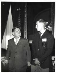 ["Black and white photograph of Carl Albert with Alton Smith. 1971"]