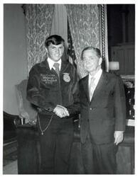 ["Black and white photograph of Carl Albert with Rick Thomas. 1972"]