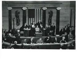 ["Black and white photograph of  Gerald R. Ford being sworn into office. Carl Albert, James O. Eastland, and Richard M. Nixon are also shown. December 6, 1973"]
