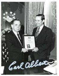 ["Carl Albert and Phil Knox holding a certificate for the National Baseball Hall of Fame. February 14, 1974"]
