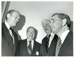 ["From left: Gerald R. Ford, John Rhodes, Thomas P. O'Neill, and Carl Albert."]