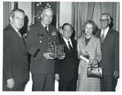 ["John N. Happy Camp, Army Brigadier Morris, Carl Albert, and Page Belcher."]