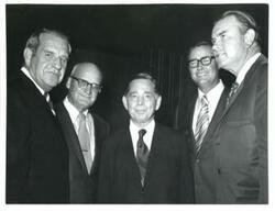 ["Carl Albert (center) at a Good Roads meeting. Henry Bellmon at right and John N. Happy Camp at left. September 13, 1971"]