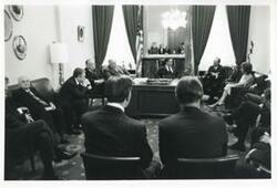 ["Black and white photograph print of Carl Albert, Wright Patman, Hale Boggs, Thomas P. O'Neill, and President Josip B. Tito of Yugoslavia seated with others in Albert's office. November 1971"]