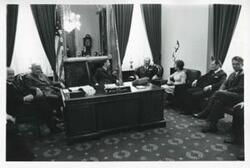 ["Black and white photograph print of Thomas P. O'Neill, Carl Albert, President Josip B. Tito of Yugoslavia, and others seated in Albert's office. November 1971"]