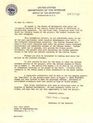 ["The Bureau of Reclamation will place the irrigation features of the Central Valley Project of California in project-wide operation on August 1. This project is a significant water resource development that will benefit the agricultural and industrial economy of the Central Valley. A 10-day celebration will mark the occasion, with President Truman invited to make the principal address. The project aims to provide California with access Carl Albert to water and related resources, benefiting various sectors including agriculture, navigation, flood control, power, and recreation."]