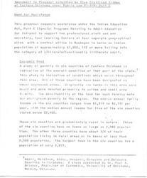 ["The document discusses a proposal submitted by the Five Civilized Tribes of Eastern Oklahoma under the Indian Education Act, Part C, requesting assistance to support adult education programs for the Indian population in the area. It highlights the economic need in the region, including poverty, unemployment, and lack of basic amenities. It also addresses the educational need for adult Indian education services in Eastern Oklahoma, emphasizing the lack of support for adult education in the past. Additionally, it provides data on the socio-economic characteristics and reasons for school dropout among Oklahoma Indians."]