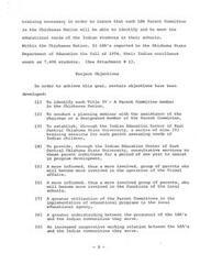["The document discusses the importance of training for LEA Parent Committees in the Chickasaw Nation to identify and meet the educational needs of Indian students in their schools. It outlines objectives such as identifying committee members, conducting planning seminars, and providing training sessions. The goal is to have more informed and involved parents who can contribute to the operation of tribal affairs and local schools, leading to better collaboration between LEAs and the Indian communities they serve."]