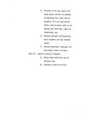 ["The document outlines a plan for a five-day course for high school seniors on job application methods, filling out forms, dressing for interviews, and interview etiquette. It also emphasizes developing personal relationships with students and staff, providing emotional readiness for preschool Indian children, and promoting effective use of leisure time and increased creative ability through special cultural programs."]