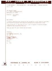 ["Ray James & Associates, an architecture, planning, and engineering firm in Ada, Oklahoma, sent a letter to the Speaker's Rooms of the U.S. House of Representatives expressing gratitude for information regarding a new Indian Hospital. They mentioned contacting Mr. D. Dean Blue of H.E.W. for further information and instructions. The letter was signed by Raymond D. James, Jr., the architect at the firm."]