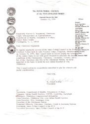 ["The Inter-Tribal Council of the Five Civilized Tribes held a meeting urging the United States Senate to approve funds for a new Indian hospital in Ada, Oklahoma. The document was addressed to Chairman Magnuson and signed by President B. Frank Belvin. The council requested swift action to improve the health conditions of the Chickasaws, Choctaws, Seminoles, Creeks, and Cherokees living in the Chickasaw Nation."]