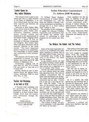 ["The Seminole Campfire event is open to Indian girls in Oklahoma between the ages of 17 and 23. Miss Indian Oklahoma will be selected based on appearance, poise, and dedication to the advancement of Indian people. The event aims to provide information for the Johnson O'Malley Committee. The story of the Wildcat, the rabbit, and the turkeys is shared, highlighting the cunning nature of the rabbit. A Teacher Aide workshop will be held at East Central State College."]