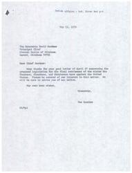 ["The Speaker acknowledges a letter from Chief Gardner of the Choctaw Nation regarding proposed legislation for settling claims against the United States by the Choctaws, Cherokees, and Chickasaws. The Speaker expresses interest in the matter and promises to keep Chief Gardner informed of any action taken."]