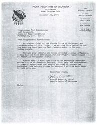 ["The document is composed of letters from different Native American tribes in Oklahoma to Congressman Ted Risenhoover and Senator Dewey F. Bartlett, expressing the importance of reinstatement of their tribes to federally recognized status. The chiefs emphasize the significance of this matter for their people and seek the officials' help and cooperation in achieving this goal."]
