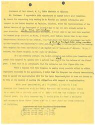 ["Carl Albert, M.C. from the Third District of Oklahoma is requesting a hearing to address the funding issues facing the Indian Hospital at Talihina, Oklahoma. He argues that the current budget estimates are too low and that the hospital needs to operate with a patient load of at least 200. Albert presents evidence in the form of a telegram and letters from citizens of Talihina to support his case. He urges the Committee to recommend to Congress an appropriation of sufficient funds to meet the needs of the Indian tribes served by the hospital."]