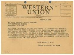 ["The document includes a series of telegrams regarding a potential cut in funding for the Talihina Indian Hospital, with requests for verification and further information on the matter. The senders express concern and urge for no cuts to be made in the hospital's appropriation."]