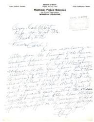 ["The document lists the members of the Board of Morrison Public Schools in Oklahoma, including the President, Clerk, and Member. It also mentions the Superintendent, Jim Dunlap. A letter is enclosed for Carl Albert from the Principal of a school, discussing a resignation and expressing appreciation for support."]