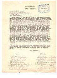 ["Members of the Choctaw Tribe of Indians of Oklahoma are petitioning Congressman Carl Albert to not extend expired leases for coal and asphalt mining on tribal lands. They believe it is unwise to enter into long-term obligations that may be detrimental in the future. They are against the development of new mines and the sale of any more acreage, as they feel it will deplete the value of their property. They request the Congressman's support and offer to provide any necessary information to help their cause."]