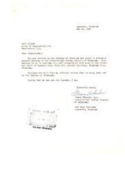 ["The document is a letter inviting Congressman Carl Albert to attend a general meeting of the Inter-Tribal Indian Council of Oklahoma in Oklahoma City on May 27, 1947. The meeting will be held in the Criminal Court of Appeals room at the Capital building. The document includes an official notice that is being sent out to the Indians of Oklahoma and expresses hope that the Congressman will attend."]