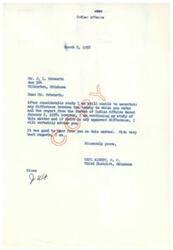 ["The document consists of a series of letters between Mr. J. L. Pebworth and Honorable  Carl Albert regarding a treaty of friendship from 1861 between the Choctaw Nation and the Confederate States. Mr. Pebworth is seeking clarification on certain aspects of the treaty and Mr. Albert is promising to study the matter further and provide any additional information if necessary. There is also mention of a $500,000 trust fund for the Choctaw Indians. The Bureau of Indian Affairs has provided information on this matter in response to Mr. Albert's inquiry."]