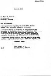 ["The document from Mr. Elias T. McIntosh to Congressman Carl Albert expresses the need for a per capita payment or settlement for the Choctaw Indians. Congressman Albert responds by informing McIntosh that the claims of the Choctaws have been completed and there is currently no pending payment for them. He also mentions that the Creeks east of the Mississippi River recently received an award. McIntosh expresses disappointment in the response, stating that the Choctaw tribe is in need of a payment or settlement."]