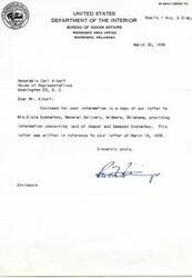 ["A letter from the Bureau of Indian Affairs to Honorable Carl Albert regarding information on land and royalties owned by Jasper and Sampson Ensharkey. Additional correspondence includes a request from Mrs. Elsie Ensharkey for information on the same topic, and a response from Carl Albert indicating that he will assist in obtaining the information."]
