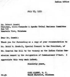 ["The document is from Robert Goombi, Chairman of the Kiowa-Comanche & Apache Tribal Business Committee, recommending Houston Bus Hill for a vacancy on the Indian Claims Commission. Goombi expresses his belief that Hill is qualified and well-respected within the Indian community. Carl Albert, a Congressman, acknowledges receipt of the recommendation and appreciates it."]