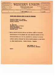 ["The document provides information about sending telegrams through Western Union, including different classes of service, terms and conditions, and instructions for sending messages. It also includes a sample message being sent to recipients in Oklahoma and Texas regarding Indian Health Division services. It emphasizes the importance of checking the desired class of service and understanding the terms and conditions before sending a message."]