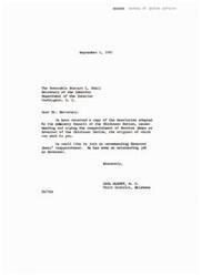 ["Various letters and resolutions have been sent to the Secretary of the Interior, Stewart Udall, recommending the reappointment of Overton James as Governor of the Chickasaw Nation. The documents express gratitude for Governor James' work and dedication to the Chickasaw people, and urge the Secretary to consider his reappointment. man Carl Albert and Tom Steed have both joined in recommending Governor James for reappointment. The Secretary's office has acknowledged these recommendations and will bring them to his attention."]