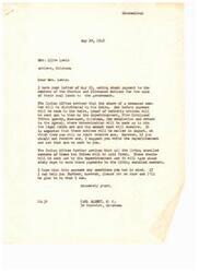 ["Mrs. Olive Lewis wrote a letter to Carl Albert inquiring about payment to the members of the Choctaw and Chickasaw Nations for the sale of their coal lands to the government. The Indian Office advised that payments will be made to living enrolled members first, with proof of heirship notices being sent out to heirs of deceased members. Mrs. Lewis asked about the payment for her deceased husband and whether her children would receive any part of it. She also inquired about her deceased uncle's estate and whether her children would inherit any money from him. Carl Albert responded, explaining the process for distributing payments and advising Mrs. Lewis to contact the Superintendent if she did not receive a notice in August."]