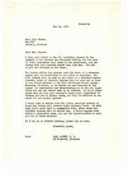 ["Mrs. G.D. Duncan received a letter from Carl Albert, a congressman from Oklahoma, regarding the payment to members of the Choctaw and Chickasaw Nations for the sale of their coal lands to the government. Mrs. Duncan inquired about her late husband's share of the payment. Albert explained that the share of a deceased member will be distributed to their heirs, and Mrs. Duncan may be entitled to her husband's share if she is determined to be his legal heir. He also mentioned that living members of the tribes will receive their payments first, followed by the distribution to heirs. Mrs. Duncan was advised to contact the Superintendent of the Five Civilized Tribes Agency in Muskogee, Oklahoma to inquire about her husband's share."]