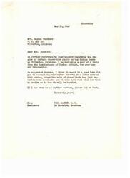 ["Mrs. Regina Stambeck inquired about the sale of Indian lands in Wilburton, Oklahoma to ex-service people. Congressman Carl Albert forwarded her inquiry to the Office of Indian Affairs, who advised her to contact Superintendent Roberts for further information once the sale is concluded. The lands will soon pass to the United States and will be no longer under the jurisdiction of the Office of Indian Affairs."]