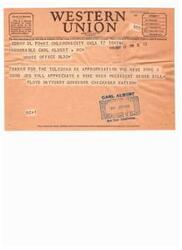["The document is a telegram from Floyd Maytubby, Governor of the Chickasaw Nation, to Carl Albert expressing gratitude for his work on an appropriation bill and requesting notification when the bill is signed by the President. It also includes information about the time of filing and receipt of telegrams."]