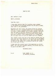 ["Mrs. Bettie B. Ward wrote a letter to Carl Albert inquiring about the payment to Choctaw and Chickasaw Indians for the sale of their coal lands to the government. Carl Albert responded explaining that the share of a deceased member will be distributed to their heirs after proof of heirship is provided. He also mentioned that living enrolled members will be paid first and checks will be mailed out around the latter part of July. Mrs. Ward had inquired about deceased members and their claims, as her son and husband were deceased, but did not have children. Albert assured her that the Indian Office will determine the legal heirs and the amount each will receive."]