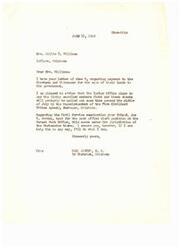 ["Mrs. Williams wrote a letter to Congressman Carl Albert regarding payment to the Choctaws and Chickasaw for the sale of their lands to the government. Congressman Albert responded that the Indian Office plans to pay living enrolled members first in July, and that he will try to help Mrs. Williams' friend Joe C. Jordan with his application for a post office clerk position in Durant."]