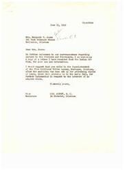 ["Mrs. Margaret B. Jones inquires about payment to the Choctaws and Chickasaws for the sale of their coal land. She is advised that living enrolled members will be paid first, followed by heirs upon proof of heirship. Specific answers to heirship questions are not available at the moment, and instructions will be sent out by the Muskogee office. Mrs. Jones also asks about the rights of her adopted child, and it is suggested that he may be entitled to a share of his parents' headright. Congressman Carl Albert offers assistance and promises to provide more information."]