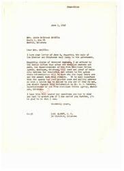 ["Mrs. Annie McIntosh Griffin writes to Congressman Carl Albert regarding the sale of Choctaw and Chickasaw coal lands to the government and inquires about proving heirship for deceased relatives in order to receive payment. Congressman Albert responds, explaining the process and directing her to the Superintendent of the Five Civilized Tribes Agency in Muskogee, Oklahoma for further assistance."]