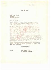 ["The document from Congressman Carl Albert to Mr. B.B. Knight addresses his inquiry about payment to Choctaw and Chickasaw Indians for coal lands sold to the government. The document explains that living enrolled members will be paid first, with checks likely to be mailed in July. Deceased members' shares will be paid to their heirs after proof of heirship is established. Congressman Albert offers further assistance if needed."]