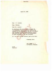["Mrs. W. H. Andrews of Hugo, Oklahoma requested a copy of a bill related to the purchase of coal and asphalt land belonging to the Choctaw-Chickasaw Indians, as well as the distribution of funds belonging to deceased allottees. Congressman Carl Albert provided the requested information and offered further assistance if needed."]