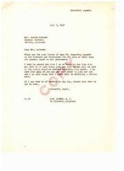 ["Mrs. Sallie Colbert received a letter from Carl Albert, a congressman from Oklahoma, thanking her for her letter regarding payment to the Choctaws and Chickasaws for the sale of their coal and asphalt lands to the government. Albert assured Mrs. Colbert that the debt is being paid and checks will be sent to enrolled members starting that month. He expressed his happiness in being able to help in effecting a settlement and offered his assistance in any way. Mrs. Colbert expressed her gratitude for the upcoming payments and the settlement of the debt in her reply."]