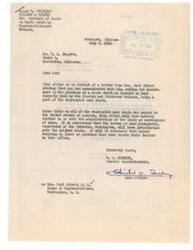 ["The text consists of correspondence between W. A. Jaggers and Carl Albert regarding the purchase of a house on land formerly owned by the Choctaw and Chickasaw Nations. Carl Albert states that since the title to the land has passed to the United States, jurisdiction now lies with the Bureau of Land Management. Jaggers seeks assistance in purchasing the house he is currently renting from the Indian Department, and Albert expresses willingness to help. Jaggers also reaches out to Supt. W. O. Roberts for assistance in purchasing the house. Roberts is asked to help Jaggers with information on the matter."]