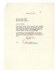 ["The text is a series of letters written by H.E. Choc Wilkes to various individuals and organizations, including President Harry Truman, Warner Brothers Pictures, and Congressman Carl Albert. Wilkes is requesting that they put an end to the character smear against American Indians in movies, as it is affecting their ability to secure jobs and earn a livelihood. He is seeking support and cooperation from others to stop this unjust propaganda portrayed in movie theaters."]